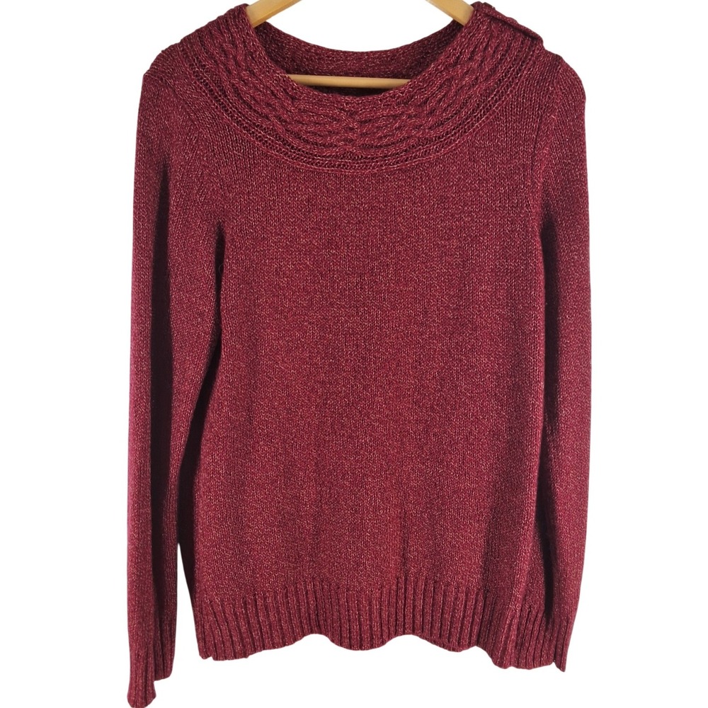 By Design Burgundy Marl Shimmer Knit Sweater Metallic Shoulder Button Scoop M‎